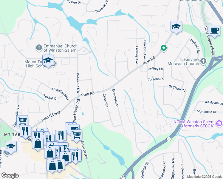 map of restaurants, bars, coffee shops, grocery stores, and more near 2700 Polo Road in Winston-Salem