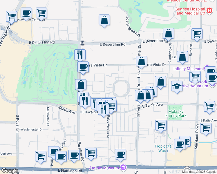 map of restaurants, bars, coffee shops, grocery stores, and more near 528 Delfern Lane in Las Vegas