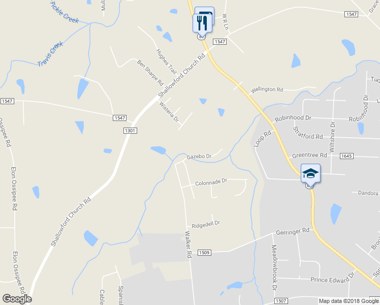 map of restaurants, bars, coffee shops, grocery stores, and more near 106 Gazebo Drive in Elon