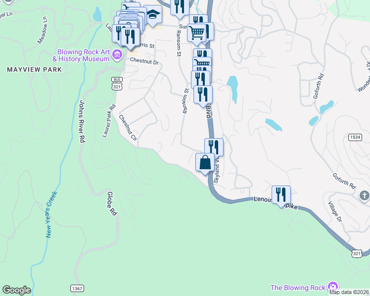 map of restaurants, bars, coffee shops, grocery stores, and more near 846 Ransom Street in Blowing Rock