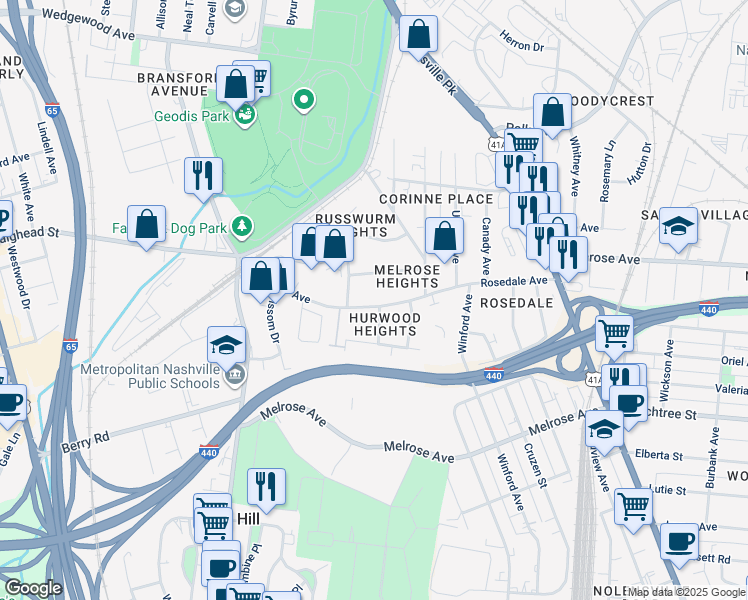 map of restaurants, bars, coffee shops, grocery stores, and more near 530 Rosedale Avenue in Nashville