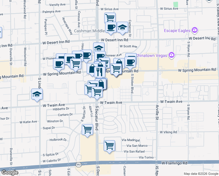 map of restaurants, bars, coffee shops, grocery stores, and more near 3620 Ala Drive in Las Vegas