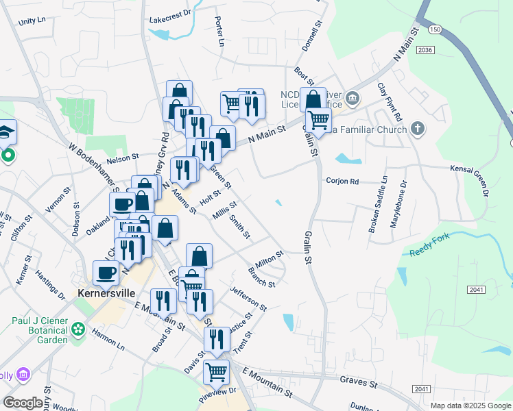 map of restaurants, bars, coffee shops, grocery stores, and more near 209 Green Street in Kernersville