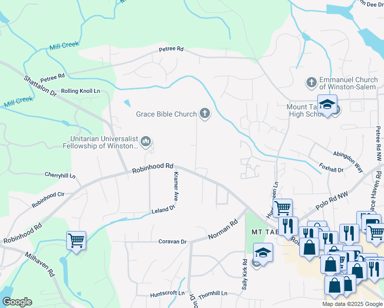 map of restaurants, bars, coffee shops, grocery stores, and more near 3891 Woodview Drive in Winston-Salem