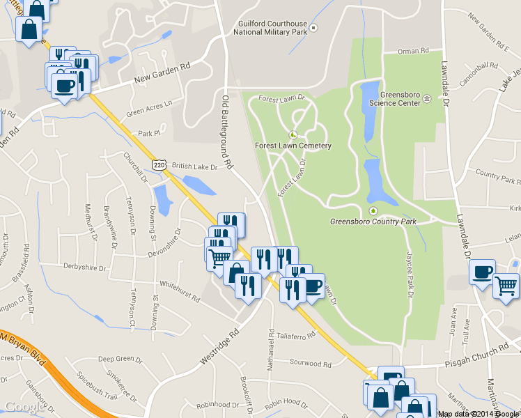 map of restaurants, bars, coffee shops, grocery stores, and more near 3501 Old Battleground Road in Greensboro