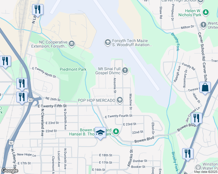 map of restaurants, bars, coffee shops, grocery stores, and more near 2610 Ansonia Street in Winston-Salem