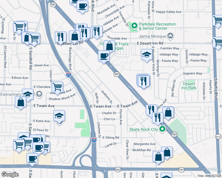 map of restaurants, bars, coffee shops, grocery stores, and more near 3602 Florrie Avenue in Las Vegas
