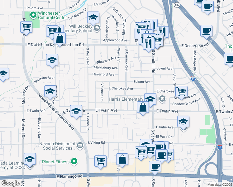 map of restaurants, bars, coffee shops, grocery stores, and more near 3601 East Cherokee Avenue in Las Vegas