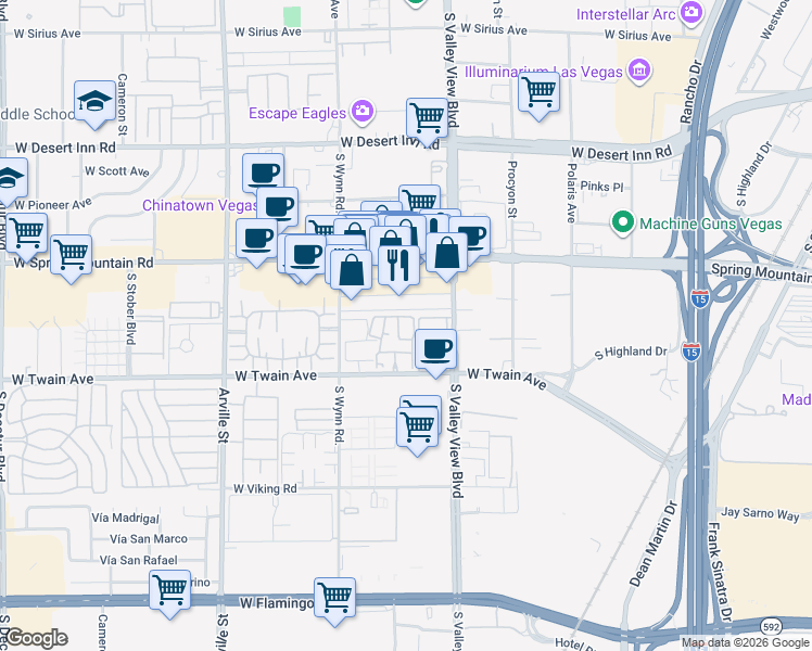 map of restaurants, bars, coffee shops, grocery stores, and more near 3605 Melonies Drive in Las Vegas
