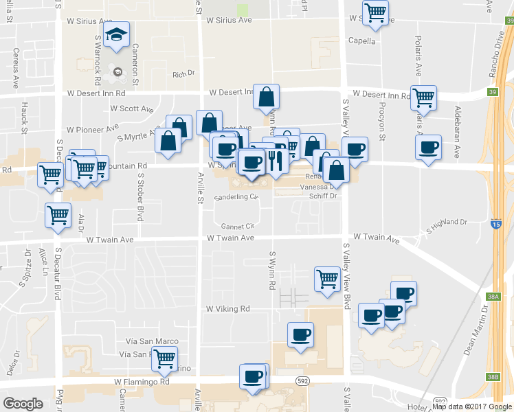 map of restaurants, bars, coffee shops, grocery stores, and more near 4151 Sanderling Circle in Las Vegas