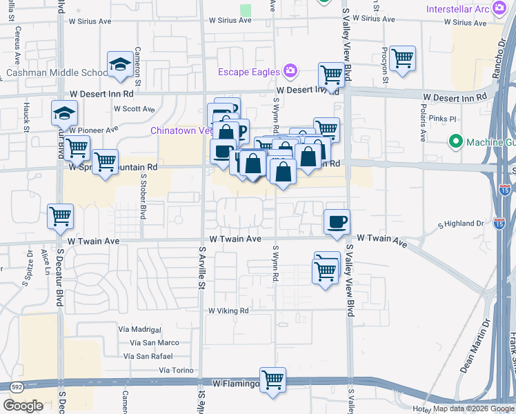 map of restaurants, bars, coffee shops, grocery stores, and more near 4151 Sanderling Circle in Las Vegas