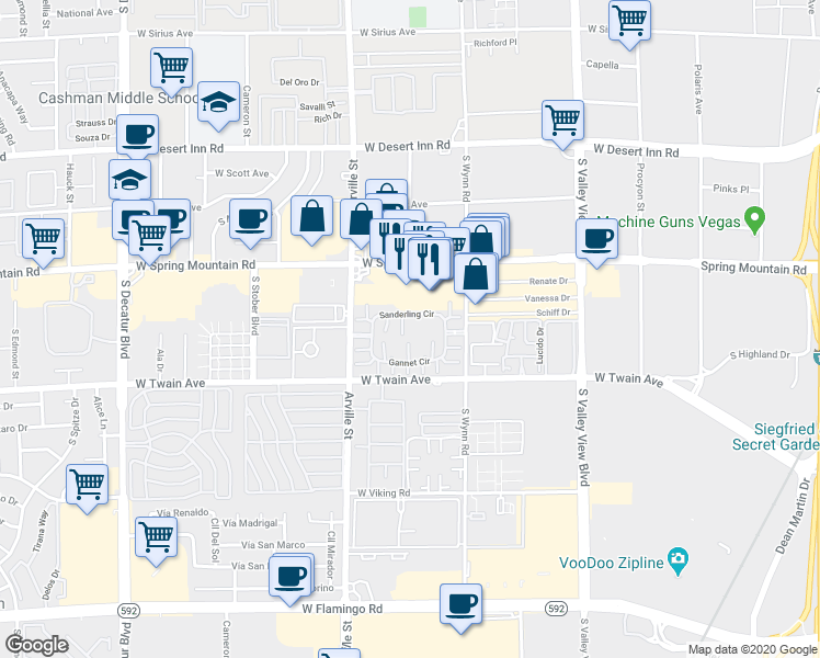 map of restaurants, bars, coffee shops, grocery stores, and more near 4261 Sanderling Circle in Las Vegas