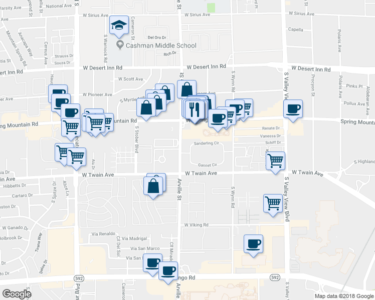map of restaurants, bars, coffee shops, grocery stores, and more near 4370 Sanderling Circle in Las Vegas