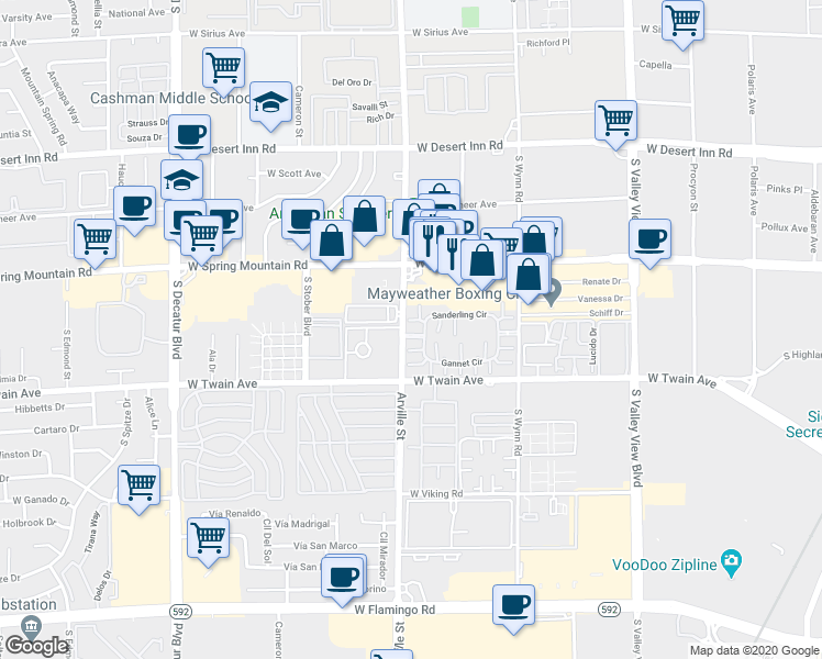 map of restaurants, bars, coffee shops, grocery stores, and more near 4370 Sanderling Circle in Las Vegas