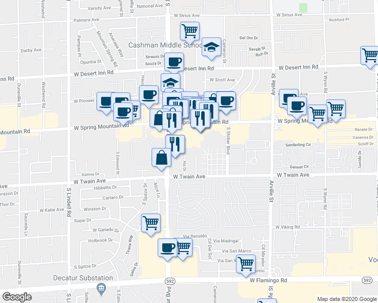 map of restaurants, bars, coffee shops, grocery stores, and more near 3607 Kolendo Court in Las Vegas
