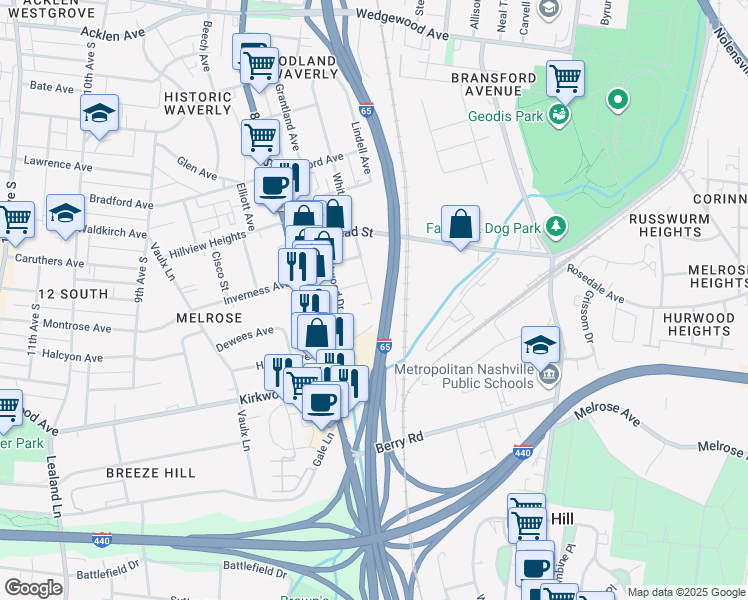 map of restaurants, bars, coffee shops, grocery stores, and more near 2520 White Avenue in Nashville