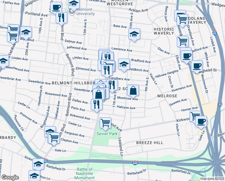 map of restaurants, bars, coffee shops, grocery stores, and more near 1105 Gilmore Avenue in Nashville