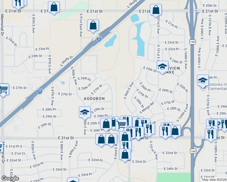 map of restaurants, bars, coffee shops, grocery stores, and more near 2725 South 94th East Avenue in Tulsa