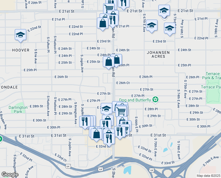 map of restaurants, bars, coffee shops, grocery stores, and more near 2639 South Norwood Avenue in Tulsa