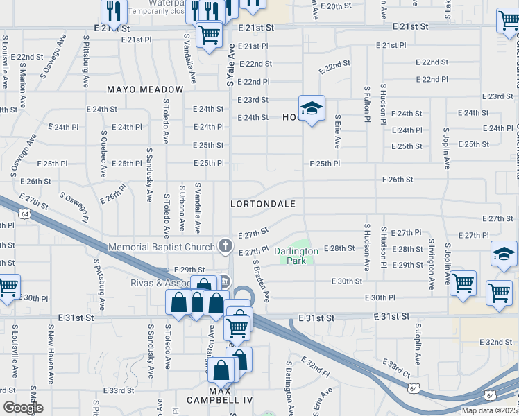 map of restaurants, bars, coffee shops, grocery stores, and more near 4945 East 26th Place in Tulsa