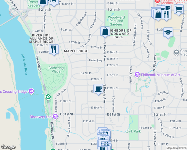 map of restaurants, bars, coffee shops, grocery stores, and more near 1228 East 27th Place in Tulsa
