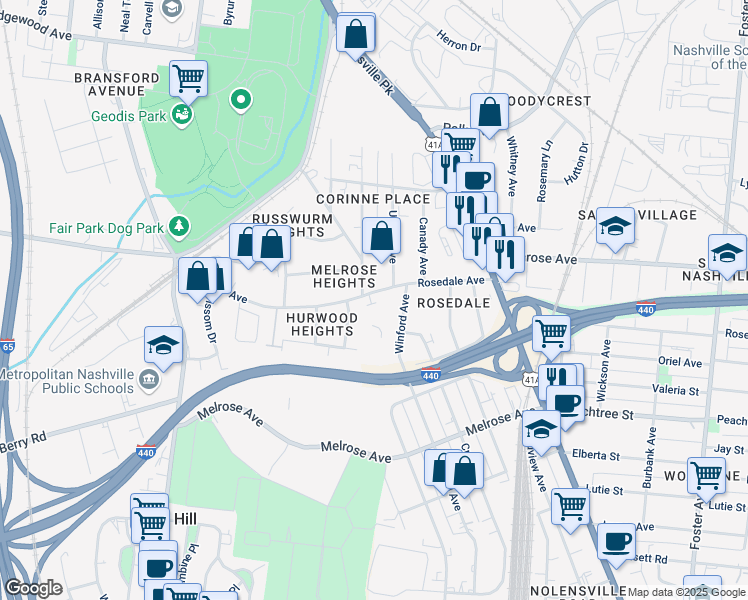 map of restaurants, bars, coffee shops, grocery stores, and more near 509 Rosedale Avenue in Nashville