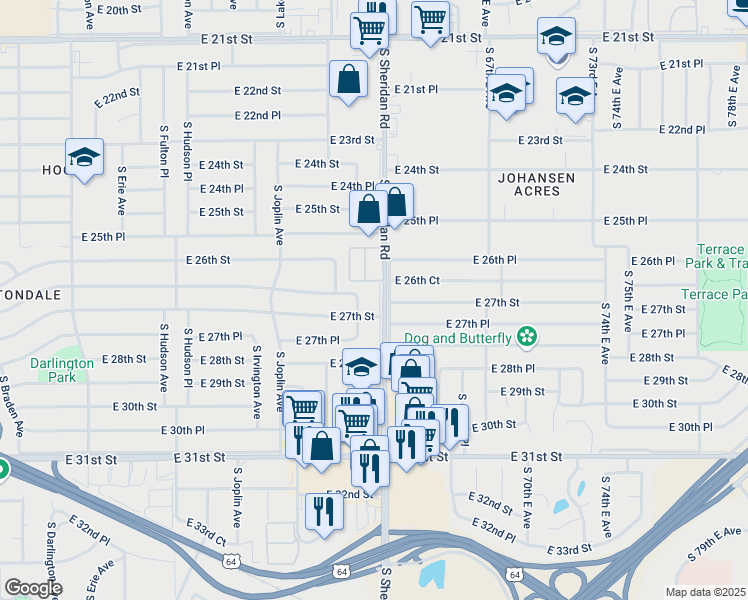 map of restaurants, bars, coffee shops, grocery stores, and more near 2639 South Norwood Avenue in Tulsa