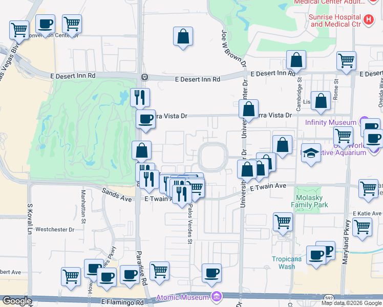 map of restaurants, bars, coffee shops, grocery stores, and more near 528 Delfern Lane in Las Vegas