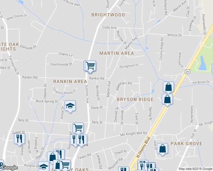 map of restaurants, bars, coffee shops, grocery stores, and more near 3429 Martin Avenue in Greensboro