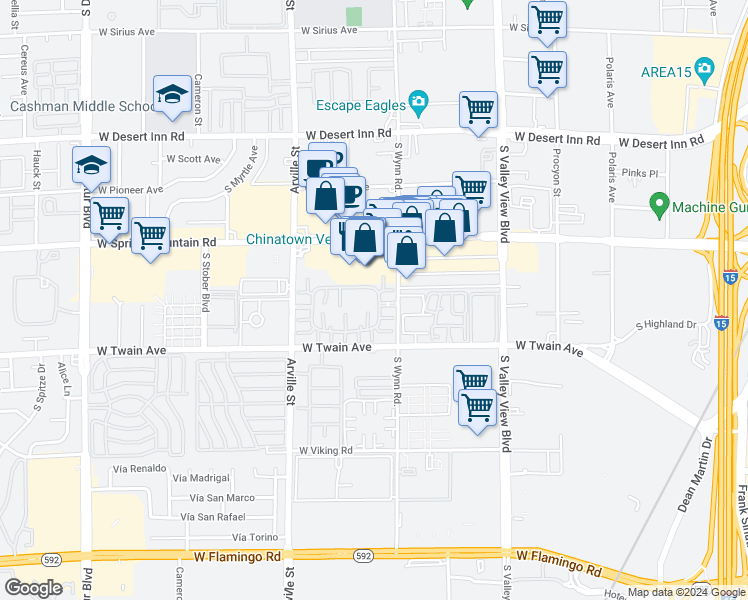 map of restaurants, bars, coffee shops, grocery stores, and more near 4111 Sanderling Circle in Las Vegas