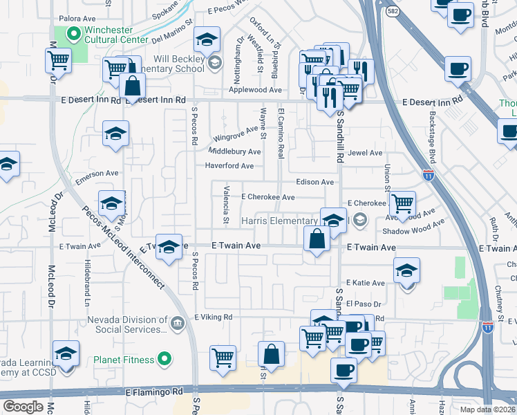 map of restaurants, bars, coffee shops, grocery stores, and more near 3601 East Cherokee Avenue in Las Vegas