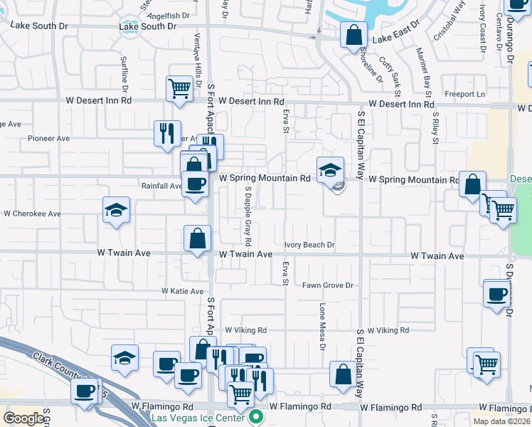 map of restaurants, bars, coffee shops, grocery stores, and more near 9257 Casa Christina Lane in Las Vegas