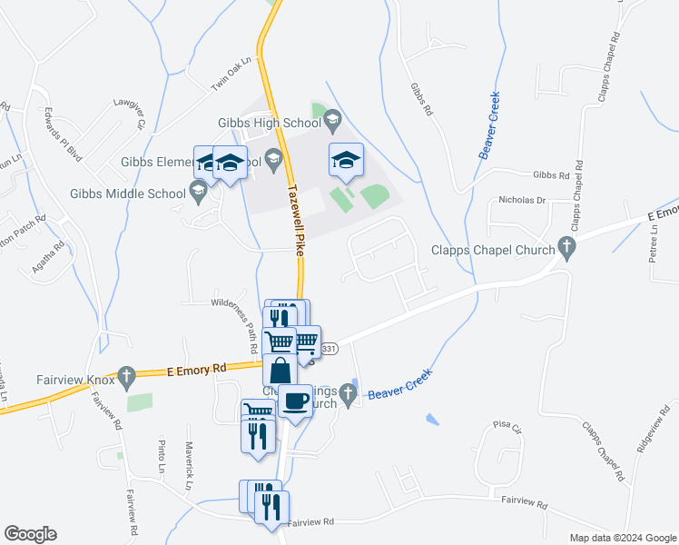 map of restaurants, bars, coffee shops, grocery stores, and more near 7619 Freedom Lane in Corryton