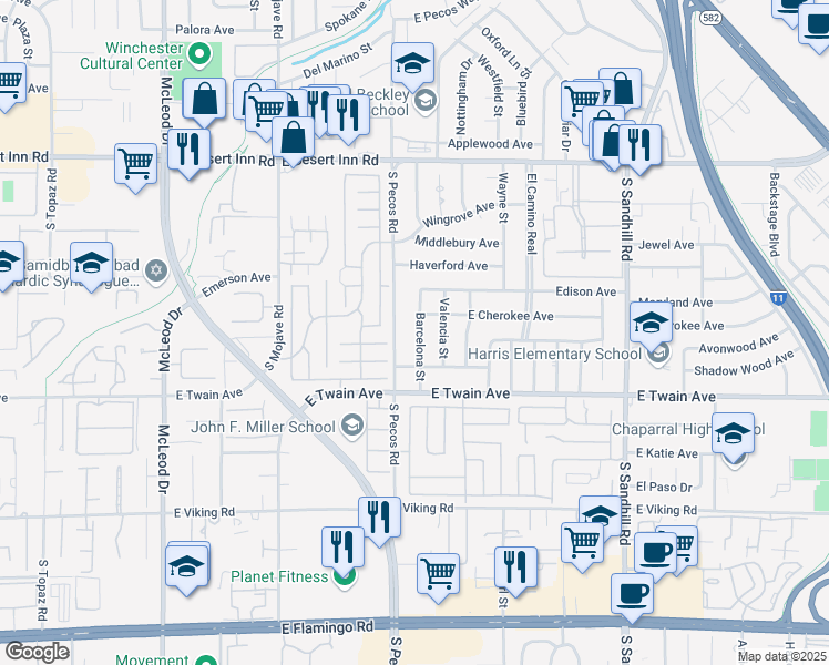 map of restaurants, bars, coffee shops, grocery stores, and more near 3625 Barcelona Street in Las Vegas
