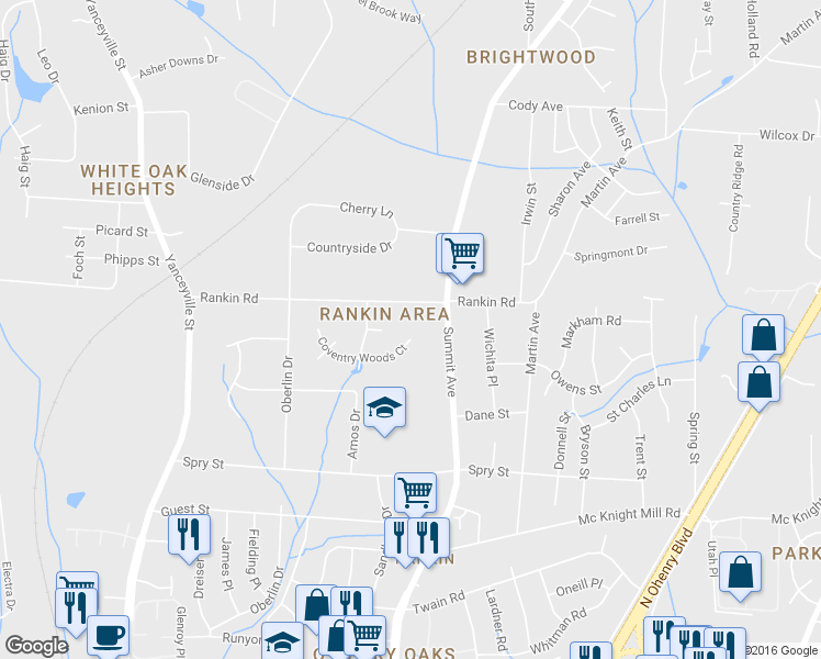 map of restaurants, bars, coffee shops, grocery stores, and more near 1619 Coventry Woods Court in Greensboro
