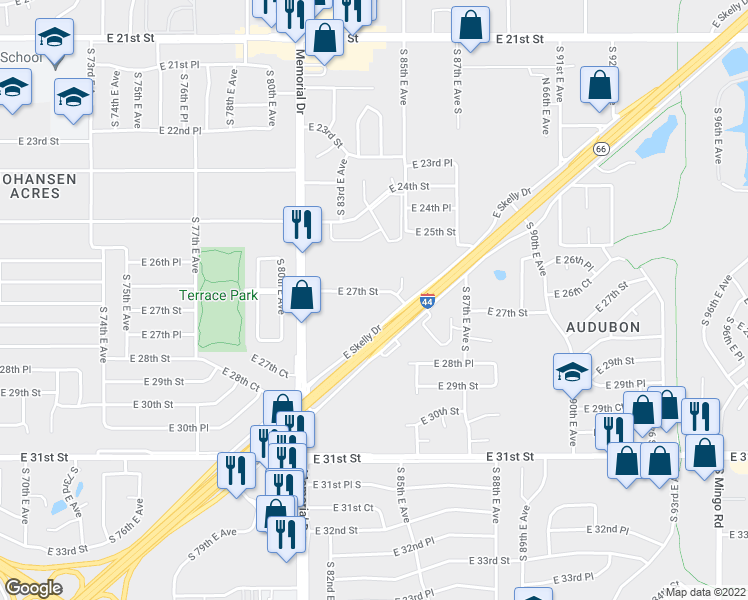 map of restaurants, bars, coffee shops, grocery stores, and more near 8201 East Skelly Drive in Tulsa