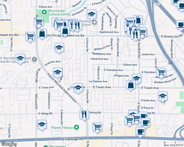 map of restaurants, bars, coffee shops, grocery stores, and more near 3625 Barcelona Street in Las Vegas