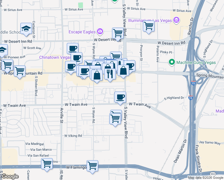 map of restaurants, bars, coffee shops, grocery stores, and more near 3608 Melonies Drive in Las Vegas