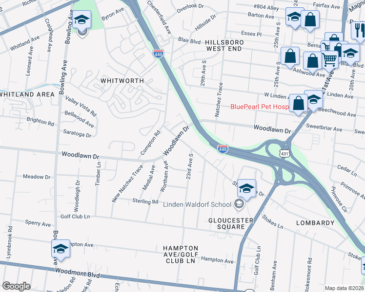 map of restaurants, bars, coffee shops, grocery stores, and more near 2501 Sharondale Drive in Nashville