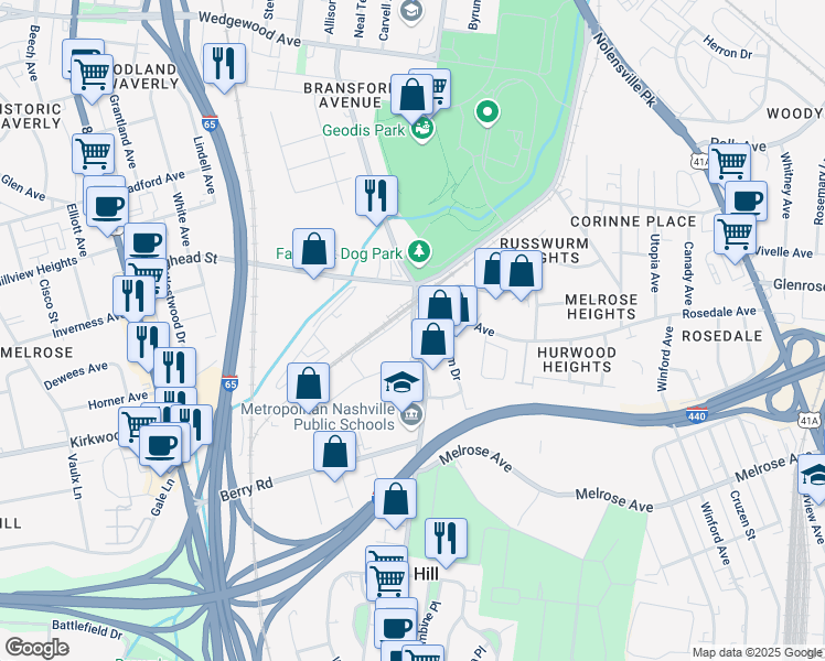 map of restaurants, bars, coffee shops, grocery stores, and more near 2527 Bransford Avenue in Berry Hill