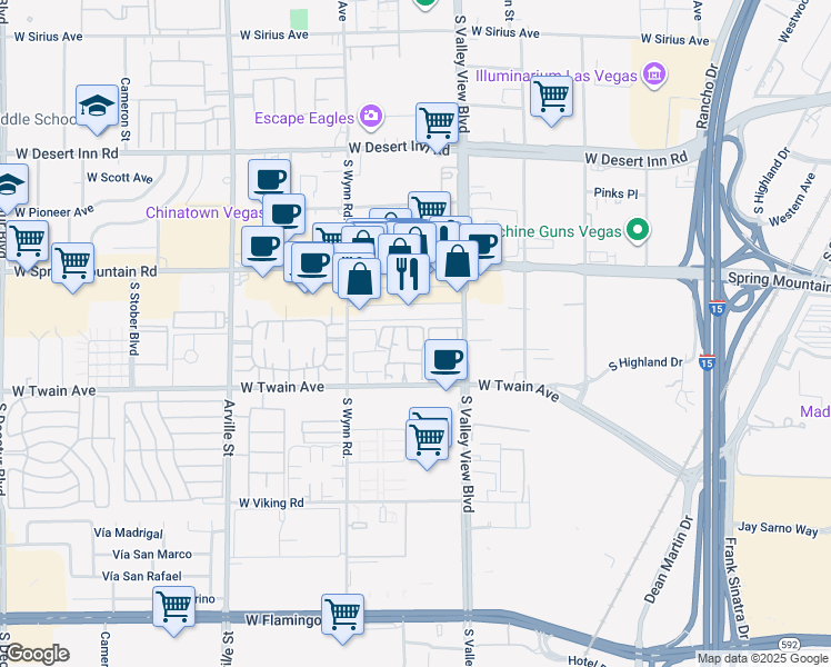 map of restaurants, bars, coffee shops, grocery stores, and more near 3608 Melonies Drive in Las Vegas