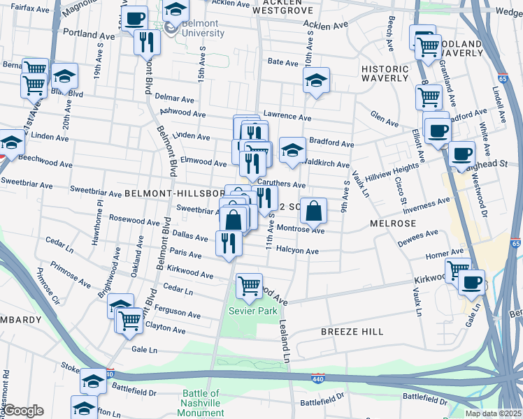 map of restaurants, bars, coffee shops, grocery stores, and more near 1105 Gilmore Avenue in Nashville