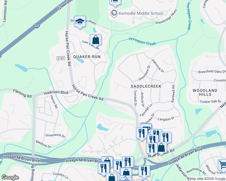 map of restaurants, bars, coffee shops, grocery stores, and more near 4406 Staghorn Court in Greensboro