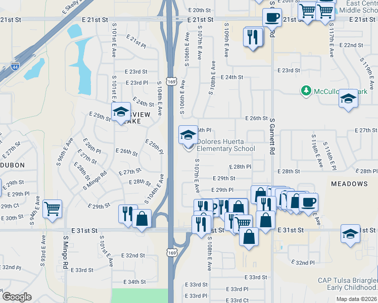map of restaurants, bars, coffee shops, grocery stores, and more near 10620 East 27th Street in Tulsa
