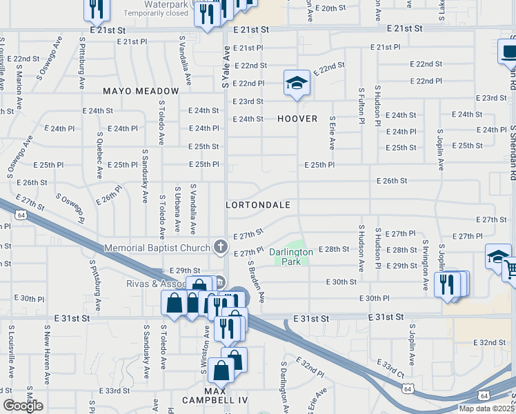 map of restaurants, bars, coffee shops, grocery stores, and more near 4945 East 26th Place in Tulsa