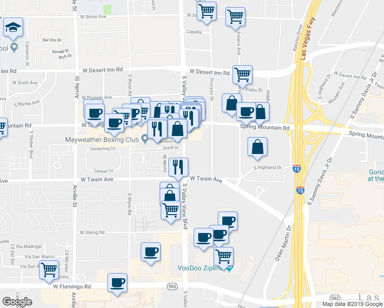 map of restaurants, bars, coffee shops, grocery stores, and more near 3612 South Valley View Boulevard in Las Vegas