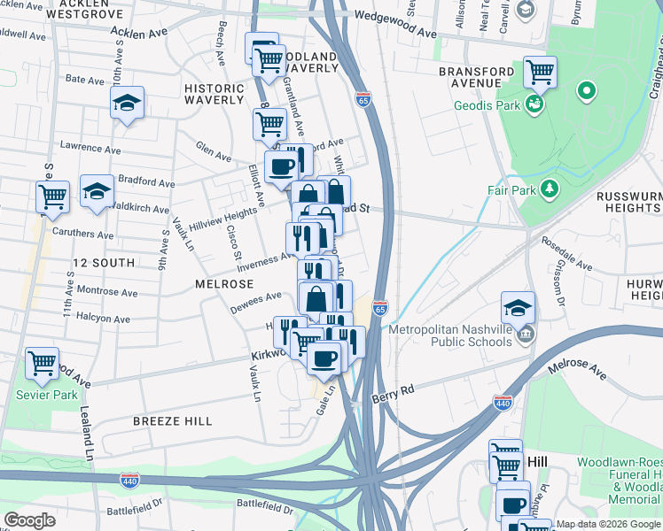 map of restaurants, bars, coffee shops, grocery stores, and more near 2610 Westwood Drive in Nashville
