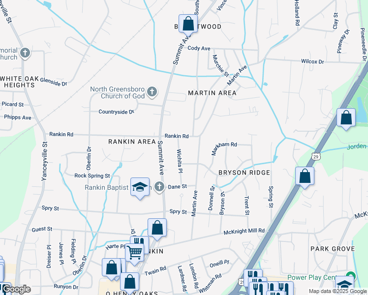 map of restaurants, bars, coffee shops, grocery stores, and more near 3432 Wichita Place in Greensboro