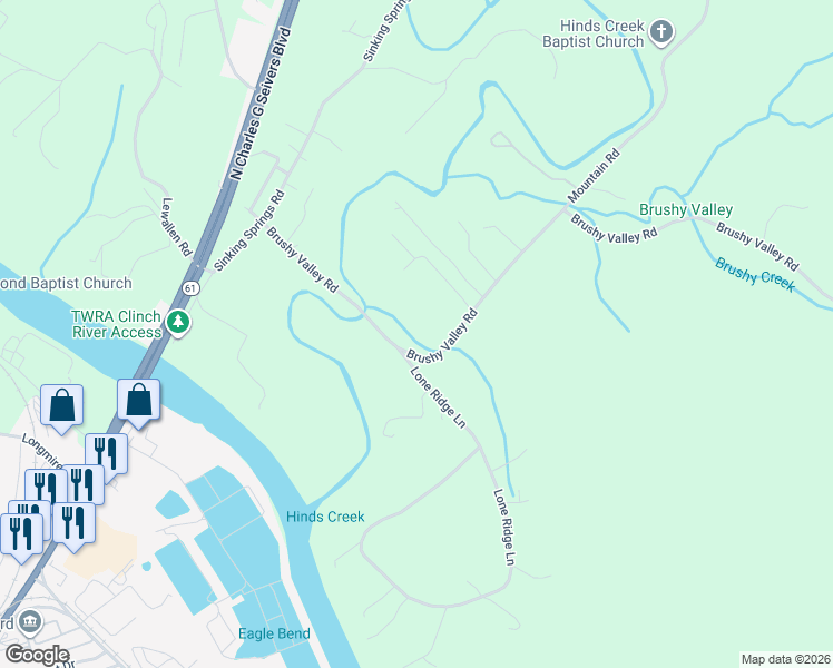map of restaurants, bars, coffee shops, grocery stores, and more near 183 Brushy Valley Road in Clinton