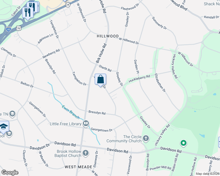 map of restaurants, bars, coffee shops, grocery stores, and more near 736 Richfield Drive in Nashville